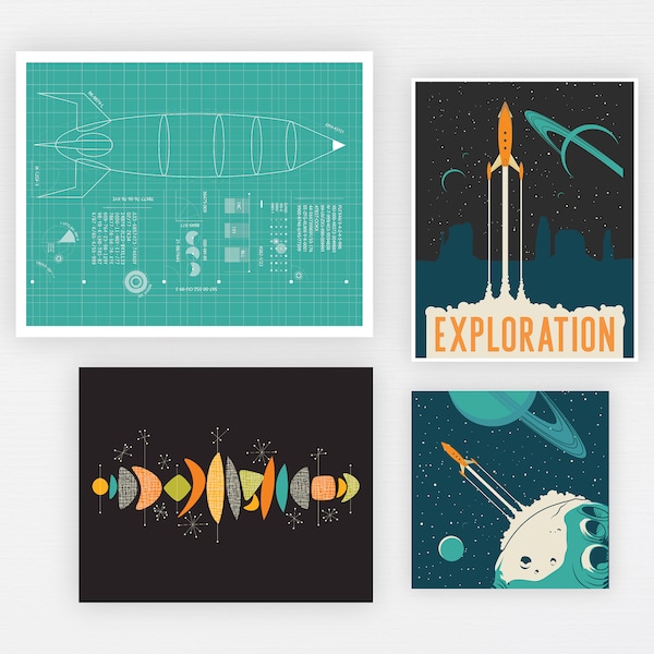 Retro Space Rocket Art Set · Mid Century Gallery Wall · Vintage Space Print Decor · Kids Printable Instant Gallery Wall · DIGITAL FILES