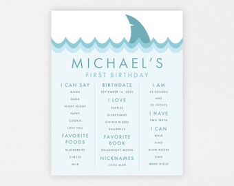 Shark Milestone Stat Board · Simple Modern Ocean Shark Watercolor Milestones Poster · Under the Sea First Birthday Decor· DIGITAL OR PRINTED
