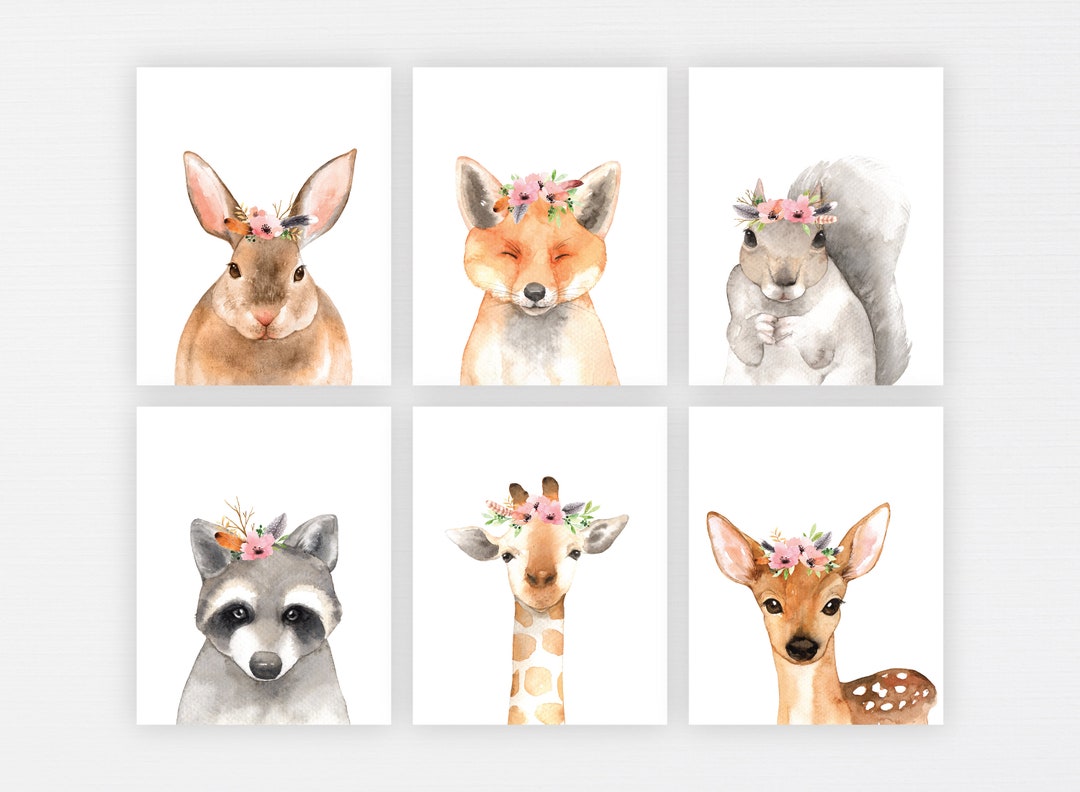 Nursery Animal Prints Set of 6 Floral Crown Animal - Etsy