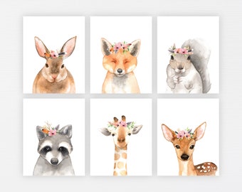 Floral Animal Printable Art · Set of 6 · Floral Crown Animal Prints · Nursery Fox Wall Art · Forrest Animals · Nursery Decor · DIGITAL FILES