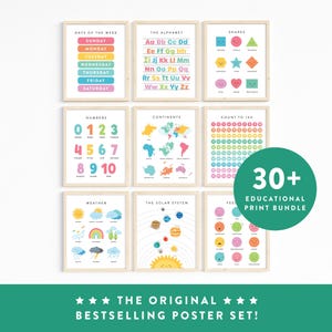 Juego de carteles educativos · Impresiones artísticas de aprendizaje coloridas · Decoración de sala de juegos para el aula de educación en el hogar · Alfabeto Montessori, números y colores · ARCHIVOS DIGITALES
