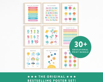 Education Poster Set · Colorful Learning Art Prints · Homeschool Classroom Playroom Decor · Montessori Alphabet Color Number · DIGITAL FILES