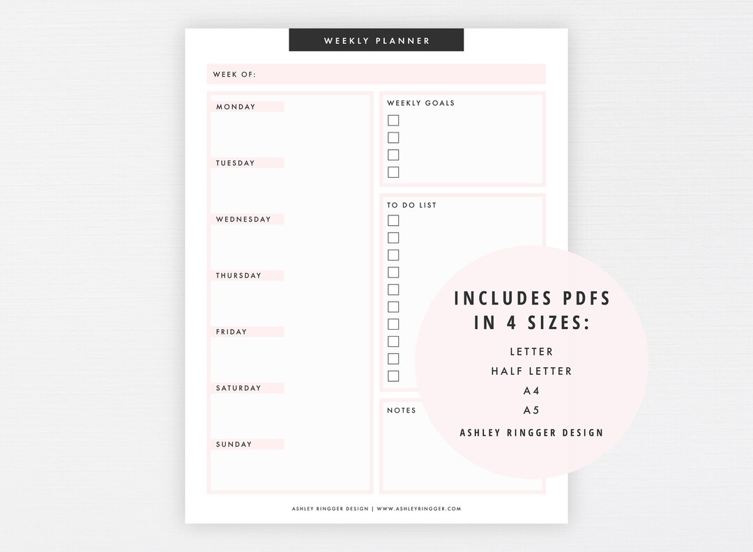 Weekly Planner Printable Week Organizer Calendar A4 A5 US Letter Modern