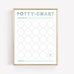 May include: A gold framed potty chart with a blue and green gradient background. The chart has the text "POTTY CHART" in a bold font. There are 25 circles for marking progress and a star for a reward.