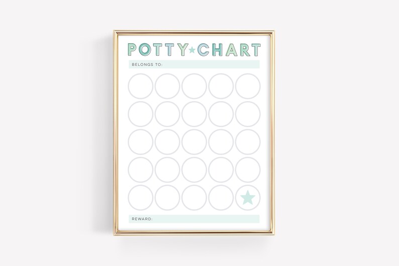 May include: A gold framed potty chart with a blue and green gradient background. The chart has the text "POTTY CHART" in a bold font. There are 25 circles for marking progress and a star for a reward.