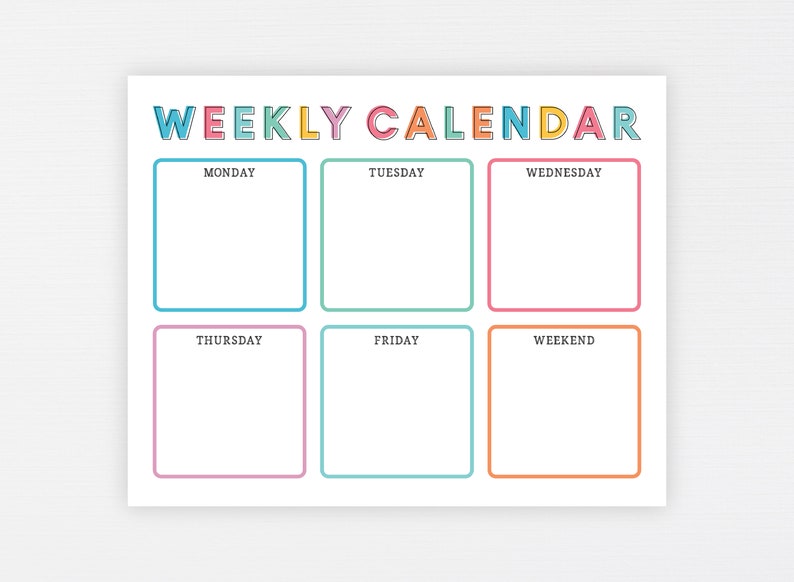 Kids Weekly Calendar Cute Colorful Printable Children's Etsy