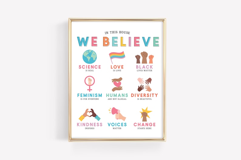 In This House We Believe Art Print Diversity Education Kindness Poster Family Beliefs Equality Home Classroom Rules DIGITAL FILE zdjęcie 8