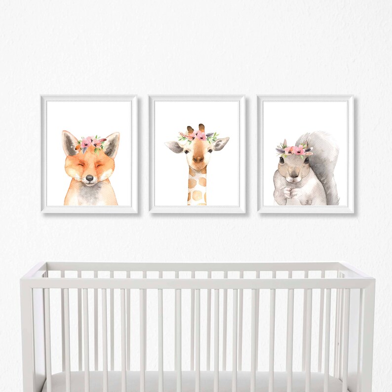 Nursery Animal Prints Set of 6 Floral Crown Animal Etsy