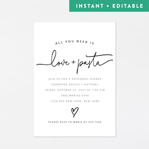 Love and Pasta Probeesseneinladung - Moderne Minimalistische Einladungskarte - Verlobung Hochzeitsparty - Italienisches Essen - SOFORTIGER DOWNLOAD (Corjl)
