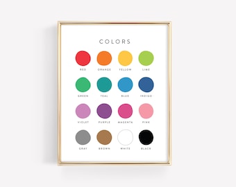 May include: A chart with the word "COLORS" at the top and a grid of 16 colored circles with the names of each color written below them.