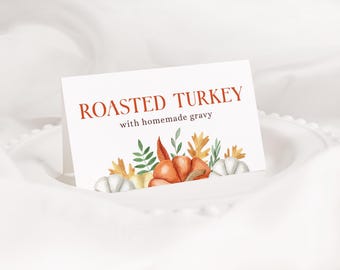 Thanksgiving Tent Cards (Set of 3) · Holiday Dinner Food Labels · Menu Sticker Wedding Birthday Printable Tent Cards · DOWNLOAD (Corjl)