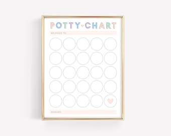 Può includere: Un grafico di addestramento al vasino con cornice dorata e un cuore rosa in basso. Il grafico ha 25 cerchi per segnare i progressi e il testo "POTTY CHART" in lettere colorate.