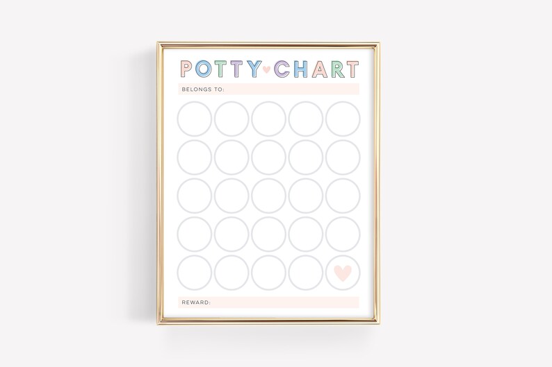Pu&ograve; includere: Un grafico di addestramento al vasino con cornice dorata e un cuore rosa in basso. Il grafico ha 25 cerchi per segnare i progressi e il testo "POTTY CHART" in lettere colorate.