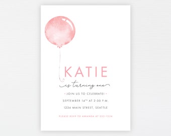 Blush Balloon Birthday Invitation · Simple Pink Party Invite · Modern Blush Balloon Invite · 1st First Birthday Invite · DIGITAL OR PRINTED