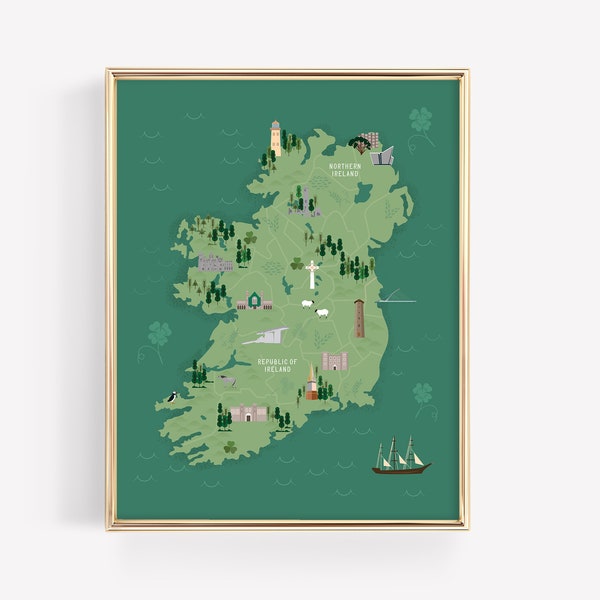 Ireland Illustrated Map Printable · Lucky St. Patricks Day Wall Art · Irish Shamrock Print · Travel Gift · DIGITAL FILE