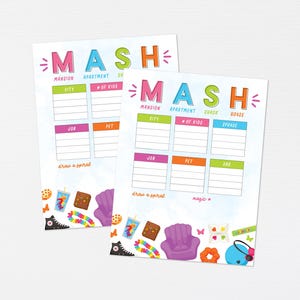 Può includere: Due fogli di gioco MASH colorati. I fogli di gioco hanno la parola "MASH" a lettere grandi in alto, con spazi per "Villa", "Appartamento", "Città", "# di bambini", "Lavoro" e "Animale domestico".