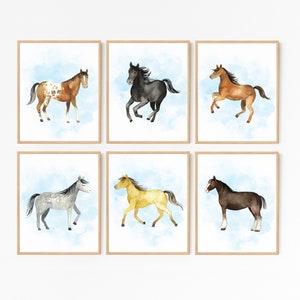 Horse Prints · Set of 6 · Horse Mustang Pony Nursery Theme · Blue Animal Horse Printable · Horse Birthday Nursery Decor · DIGITAL FILES