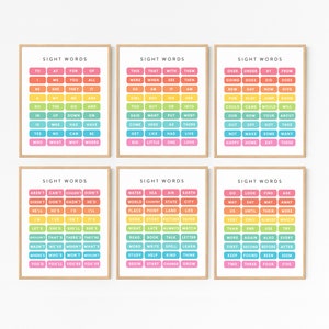 Imprimibles educativos de palabras visuales · Juego de 6 · Impresiones artísticas de aprendizaje coloridas · Decoración de aulas de educación en el hogar · Pósteres Montessori · ARCHIVOS DIGITALES