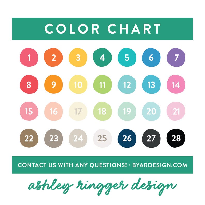May include: Color chart with 28 different color swatches, numbered 1 through 28. The colors range from bright red to dark black.