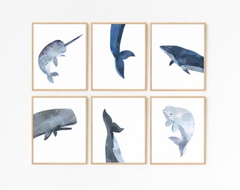 Whale Animal Prints · Set of 6 · Ocean Sea Nursery Theme · Narwhal Whale Printable · Sea Nautical Nursery Decor · DIGITAL FILES