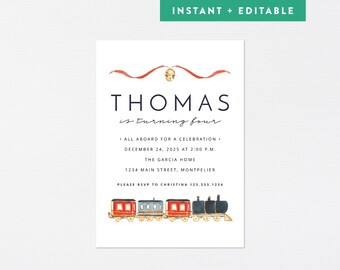 Invitación para el Tren Expreso de Navidad · Fiesta de Cumpleaños en el Polo Norte · Plantilla Imprimible Moderna para Cumpleaños Navideño · DESCARGA INMEDIATA (Corjl)