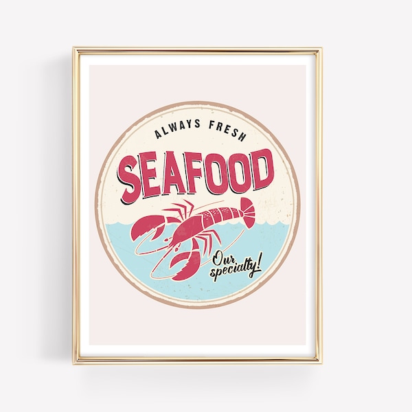 Lobster Seafood Art Print · New England Poster · Ocean Bar Cart Travel Art Print · Vintage Nautical Coastal Home Wall Art · DIGITAL FILE