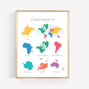 Educação dos continentes mundiais para impressão · Materiais Montessori para aprendizagem em casa · Arte em parede para sala de aula · Download do mapa mundial · ARQUIVO DIGITAL