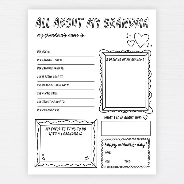 Grandma Gift for Mother's Day · All About Grandma Printable · Fill In Grandma Interview Questionnaire · Keepsake Gift Kid ·  DIGITAL FILE