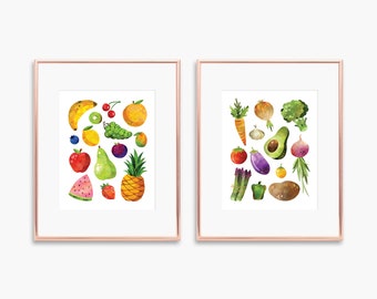 Fruit and Veggie Kitchen Prints · Set of 2 · Education Watercolor Decor Printable · Montessori Fruits & Vegetables Art Set · DIGITAL FILES