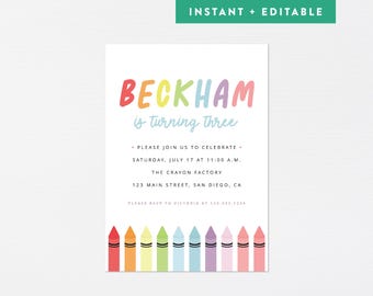 Crayon Invitation · Printable Rainbow Color Art Birthday Invite · Modern Simple Party Invite · INSTANT DOWNLOAD (Corjl)