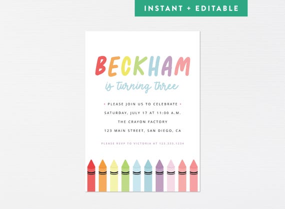 Crayon Invitation · Printable Rainbow Color Art Birthday Invite · Modern Simple Party Invite · INSTANT DOWNLOAD (Corjl)