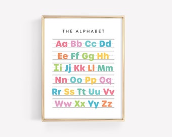 Puede incluir: Un gráfico de alfabeto imprimible con las letras A a la Z en fuente colorida y negrita. Cada letra se repite dos veces, con la segunda letra en una fuente ligeramente más pequeña. Las letras están dispuestas en filas, con cuatro letras en cada fila. El gráfico está enmarcado en un marco dorado.