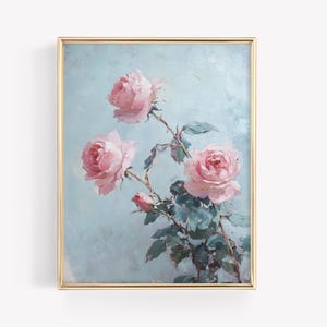 バラの絵画 · ピンクの花柄のヴィンテージアートプリント · フランスのアンティーク水彩油絵 · ロマンチックなパステル調のバーカート装飾の印刷可能 · デジタルファイル