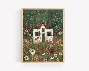 Cottage Floral Art Painting · Whimsical Watercolor Nursery · Farmhouse Kids Decor Poster · Watercolor House Print Decor · DIGITAL FILE