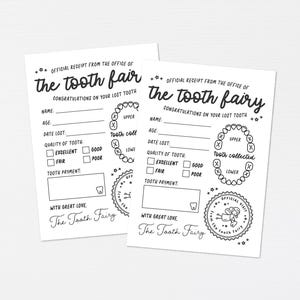 May include: Two black and white printable tooth fairy receipts. The first receipt is for the tooth fair and the second receipt is for the tooth fairy. Both receipts have a space for the child's name, age, date the tooth was lost, quality of tooth, and tooth payment. The receipts also have a space for the tooth fairy to stamp the receipt.