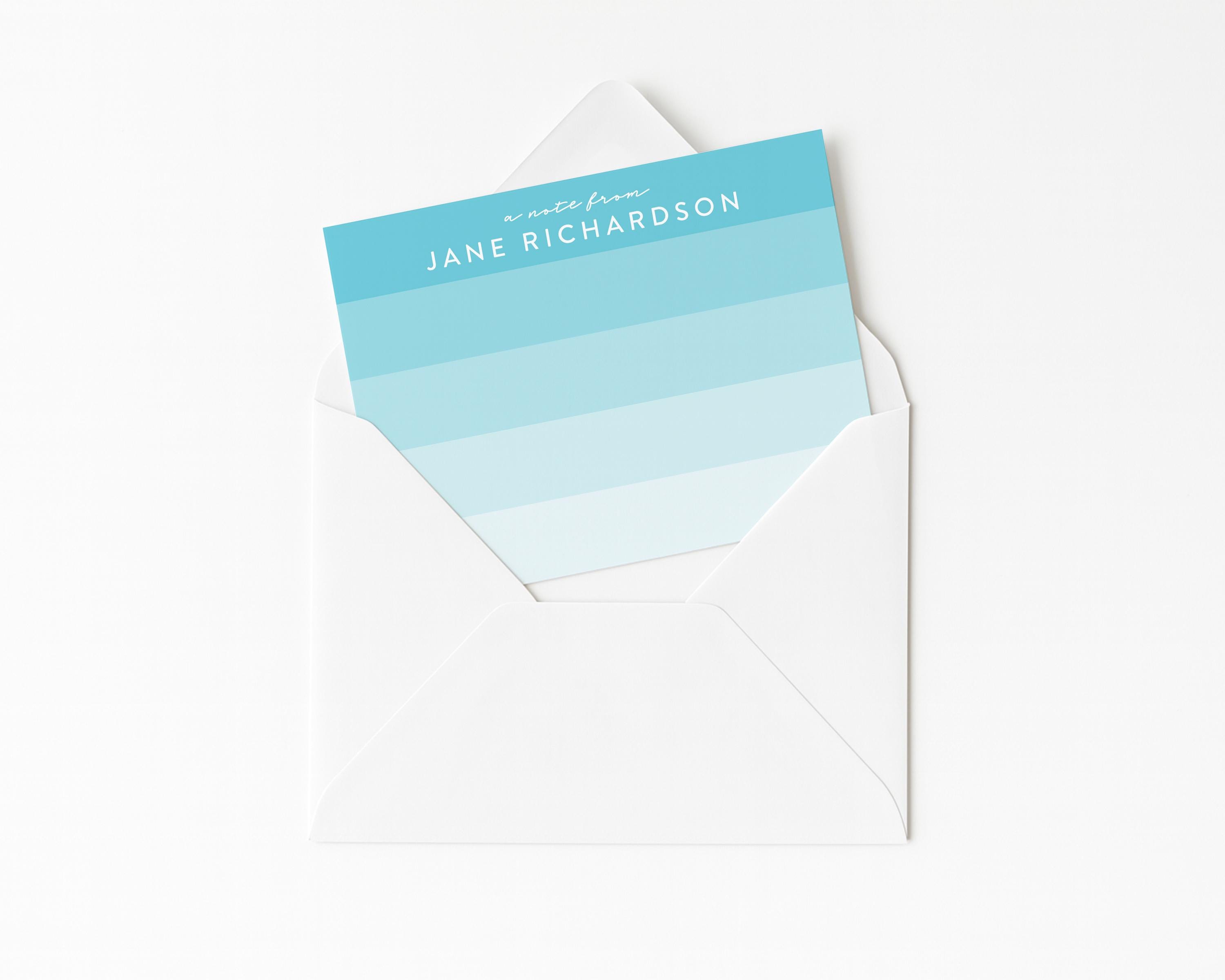 Blue Ombre Stationery · Teal Personalized Thank Yous · Sky Blue Custom Note Cards · Colorful Striped Bespoke Stationery Gift Set · PRINTED