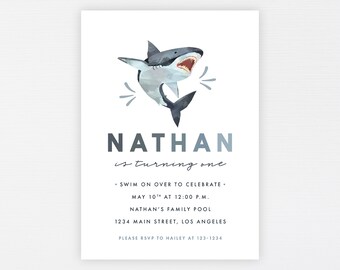 Shark Invitation · Simple Great White Shark Birthday Invite · Modern Ocean Invite · Baby Shark Under the Sea Party · DIGITAL OR PRINTED