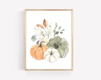 Pumpkin Floral Fall Print · Floral Autumn Watercolor Print · Rustic Autumn Art Printable · Pumpkins Fall Home Decor Download · DIGITAL FILES