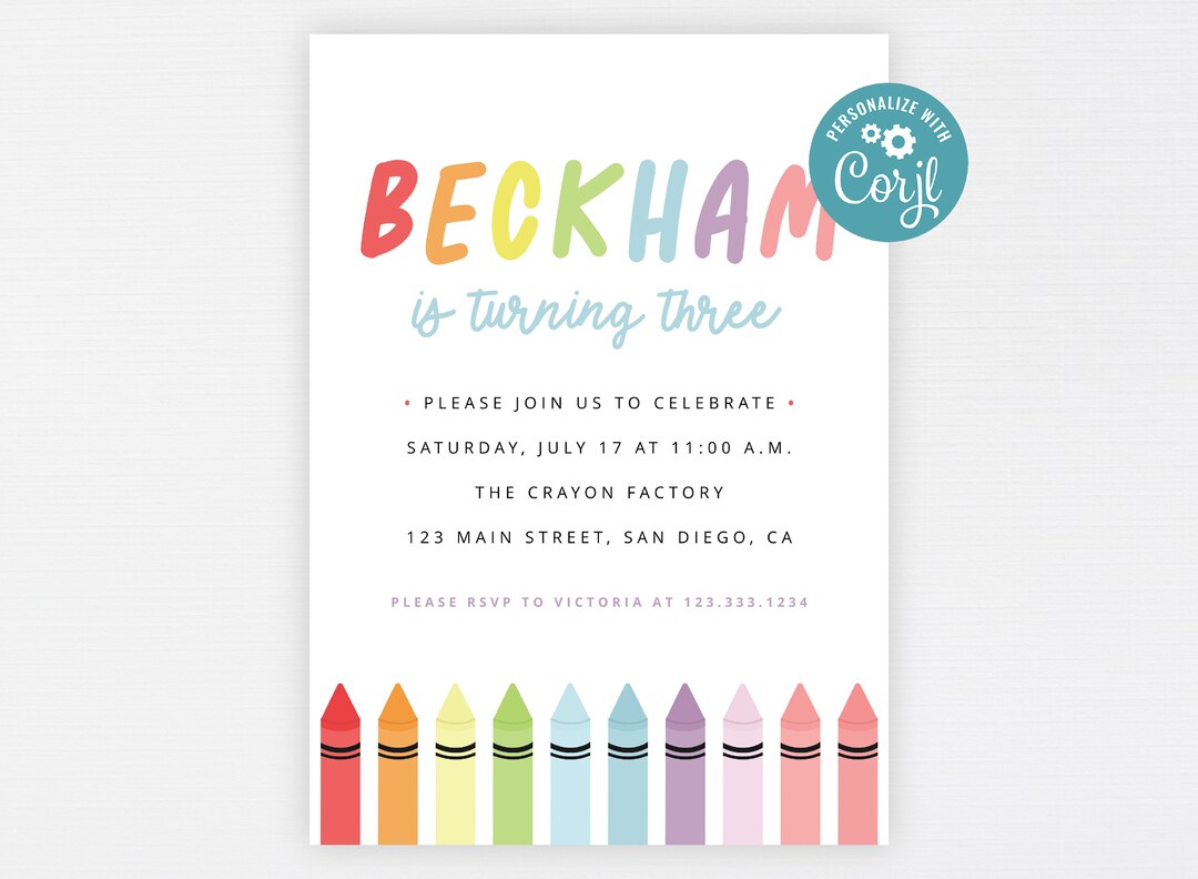 Crayon Invitation Printable Rainbow Color Art Birthday Invite Modern ...