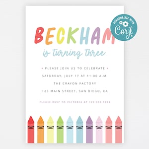 Crayon Invitation · Printable Rainbow Color Art Birthday Invite · Modern Simple Party Invite · INSTANT DOWNLOAD (Corjl)