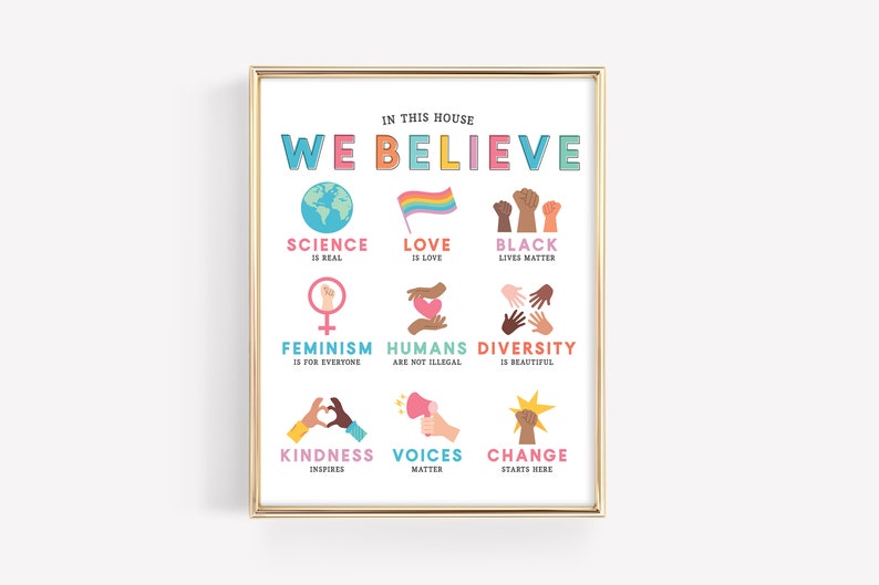 In This House We Believe Art Print Diversity Education Kindness Poster Family Beliefs Equality Home Classroom Rules DIGITAL FILE zdjęcie 4