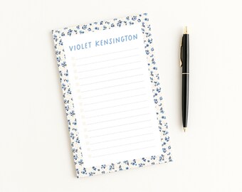 Cottagecore Floral Notepad · Personalized Ditsy Blue Floral Gift · Custom Name Checklist To Do List · Lined Stationery Pad for Women Teacher