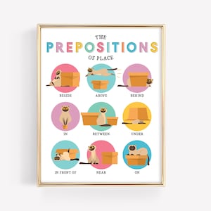 May include: A colorful educational chart with illustrations of a cat in different positions relative to a box. The chart teaches prepositions of place, including words like "beside", "above", "behind", "in", "between", "under", "in front of", "near", and "on".