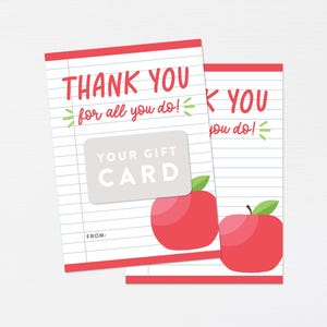 May include: A red and white thank you card with a gift card inside. The card has a red apple design and the text "THANK YOU for all you do!" and "YOUR GIFT CARD".
