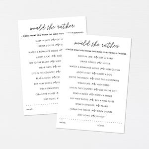Zou mama liever douchen Spel · Minimalistische babyshowerspelletjes Zou ze liever hebben · Afdrukbare activiteit mama-vragenlijst · DIGITALE BESTANDEN
