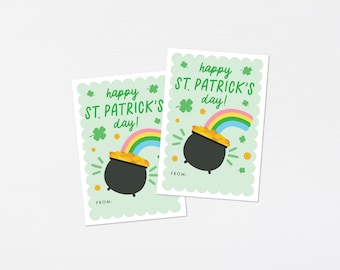 May include: Two green and white St. Patrick's Day gift tags with a pot of gold and a rainbow. The text on the tags reads "happy ST. PATRICK'S day!" and "FROM:"