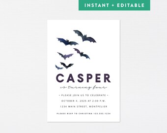 Bat Invitation · Halloween Birthday Instant Invite · Kid Bats Costume Party Modern Printable Vampire Witch Pumpkin ·INSTANT DOWNLOAD (Corjl)