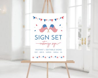 4th of July Signs · Patriotic American Editable Party Decor · Red White Blue Shower Birthday Printable Template · 5x7 8x10 16x20 18x24 A1