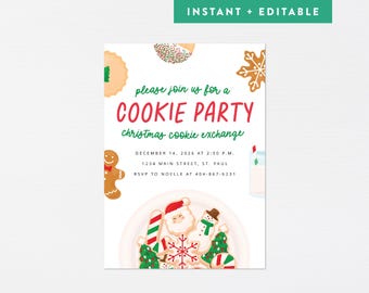 May include: A Christmas cookie exchange party invitation with a red and green color scheme. The invitation features a gingerbread man, Santa Claus, and a snowman, all made of cookies. The text on the invitation reads "Please join us for a Cookie Party Christmas Cookie Exchange" and includes the date, time, location, and RSVP information.