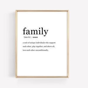 Puede incluir: Una impresión enmarcada con la definición de "familia" en texto negro sobre fondo blanco. La definición incluye la pronunciación y una descripción de la familia. El marco es dorado.